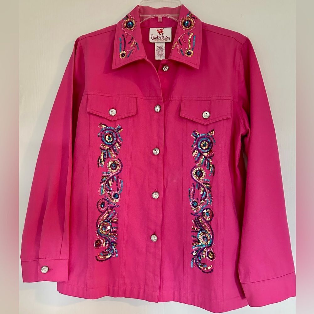 Quacker Factory Flamingo Hot Pink Embellished Jacket Rhinestone Buttons Sz Small